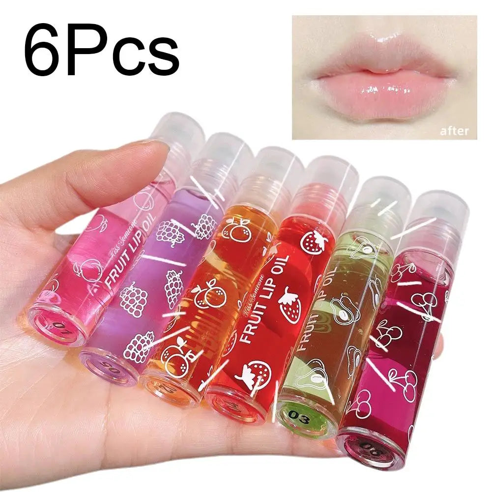 Bálsamo labial roll-on com essência de frutas, óleo labial, hidratante labial, primer labial com espelho, batom hidratante, gloss transparente aleatório em 6 cores.