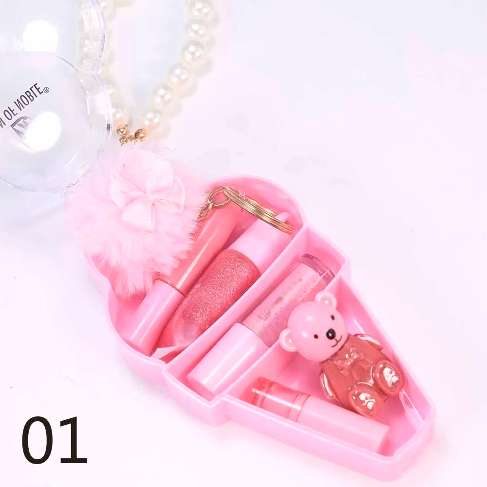 Conjunto de Gloss Labial com Chaveiro em Formato de Ursinho de Sorvete - Gloss Labial à Prova d'Água e de Longa Duração para Maquiagem Labial Feminina