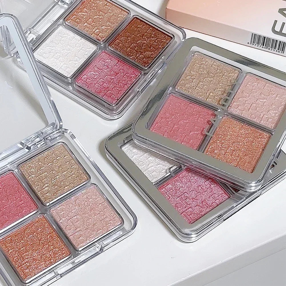 Paleta de Iluminadores Faciais com 4 Cores, Brilho Natural, À Prova D'Água, Glitter, Pó Assado, Maquiagem