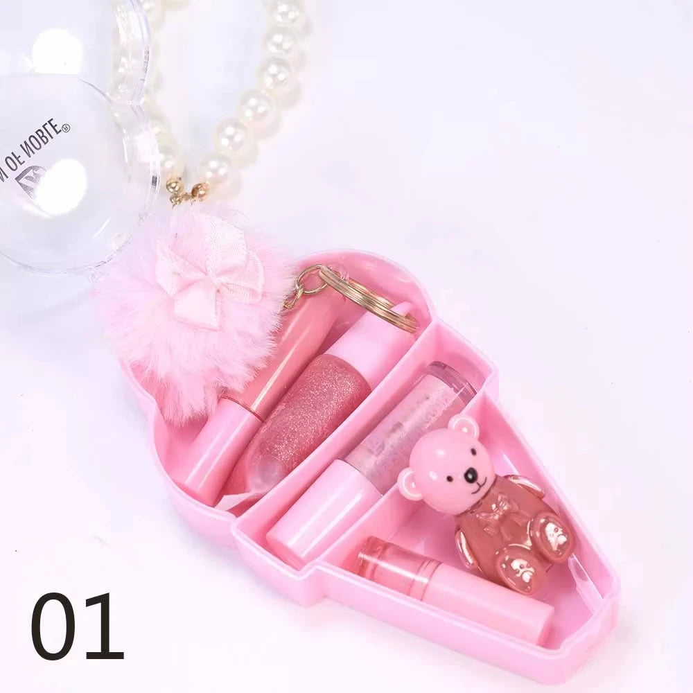 Conjunto de Gloss Labial com Chaveiro em Formato de Ursinho de Sorvete - Gloss Labial à Prova d'Água e de Longa Duração para Maquiagem Labial Feminina
