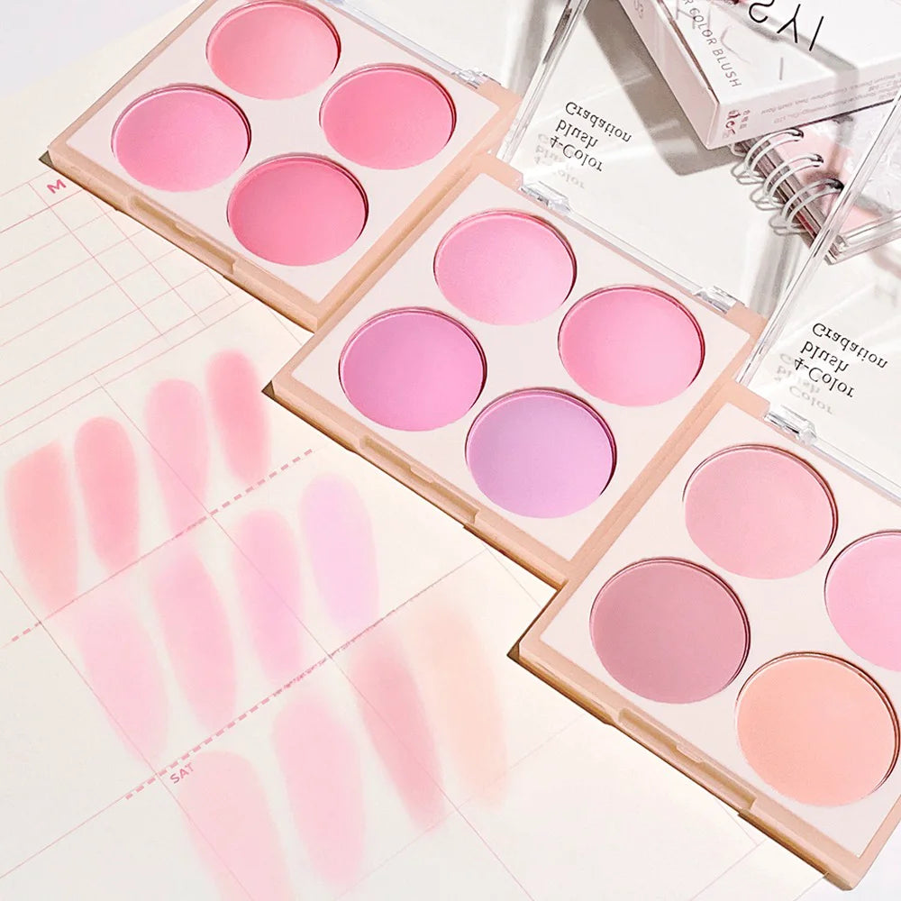 Blush matte de 4 cores, pêssego rosado, coral em pó, blush coreano de baixa saturação e textura suave, que ilumina e cria um efeito tridimensional.