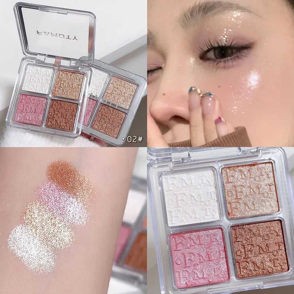 Paleta de Iluminadores Faciais com 4 Cores, Brilho Natural, À Prova D'Água, Glitter, Pó Assado, Maquiagem