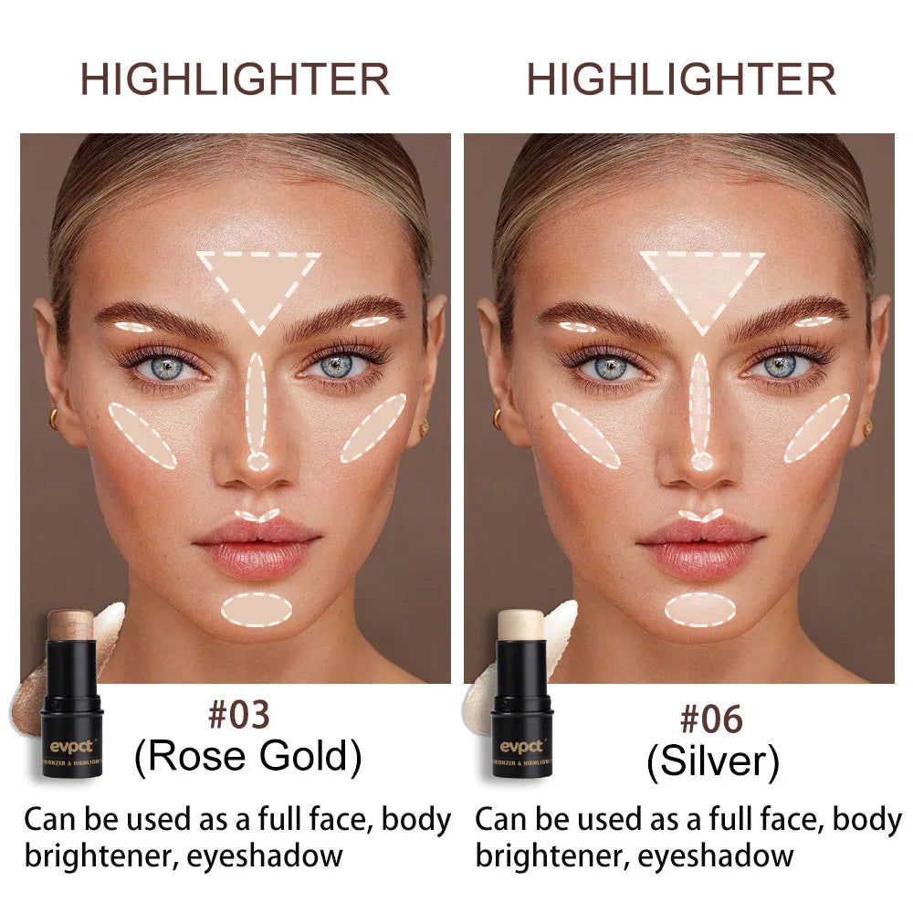 Highlighting&Bronzer Stick - Iluminador e Contorno em stick, fácil aplicação, não mancha, fácil de espalhar, toque suave