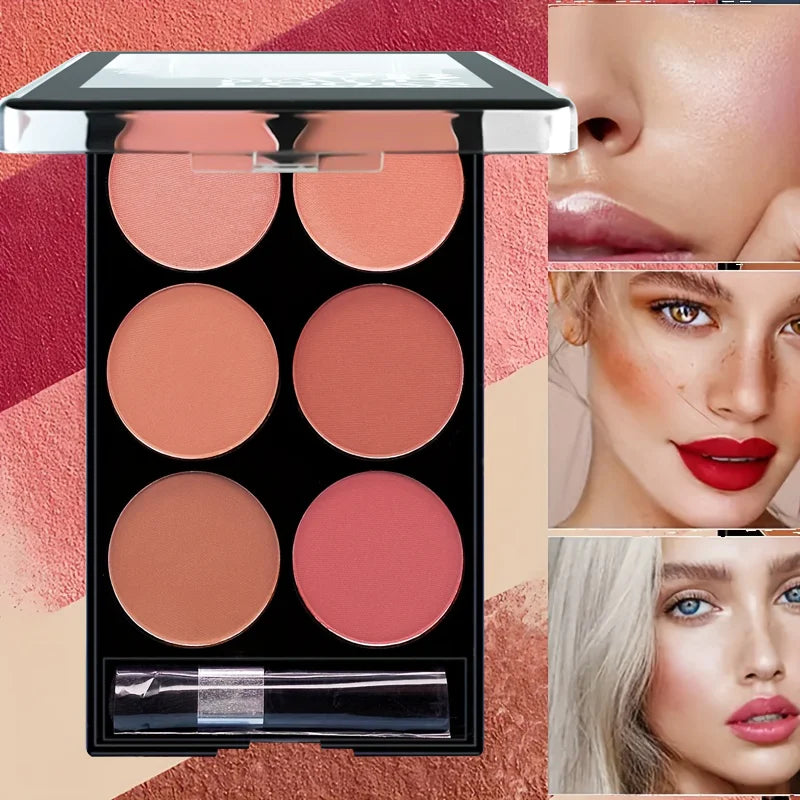 Paleta de blush e contorno tudo-em-um com 6 cores, paleta de maquiagem em pó matte perolado.