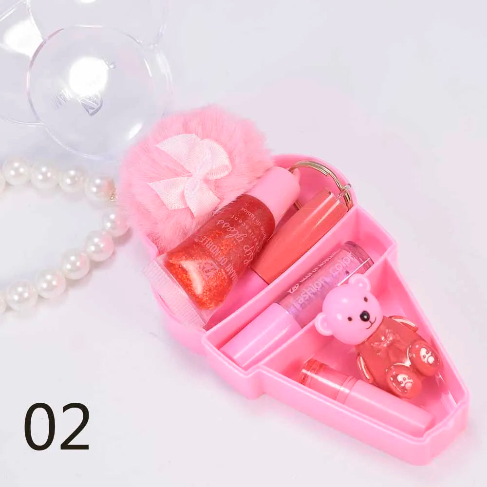 Conjunto de Gloss Labial com Chaveiro em Formato de Ursinho de Sorvete - Gloss Labial à Prova d'Água e de Longa Duração para Maquiagem Labial Feminina