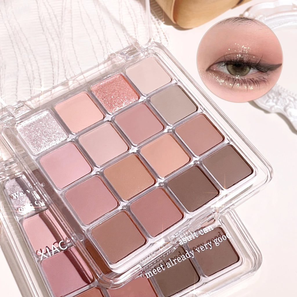 Paleta de sombras Sunset Magic Eye Shadow com dezesseis cores, acabamento perolado matte em tons terrosos, maquiagem coreana.