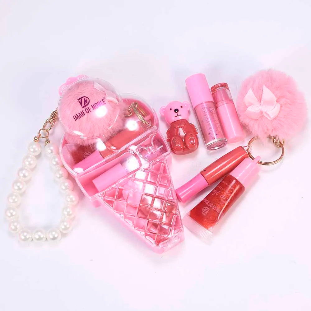 Conjunto de Gloss Labial com Chaveiro em Formato de Ursinho de Sorvete - Gloss Labial à Prova d'Água e de Longa Duração para Maquiagem Labial Feminina