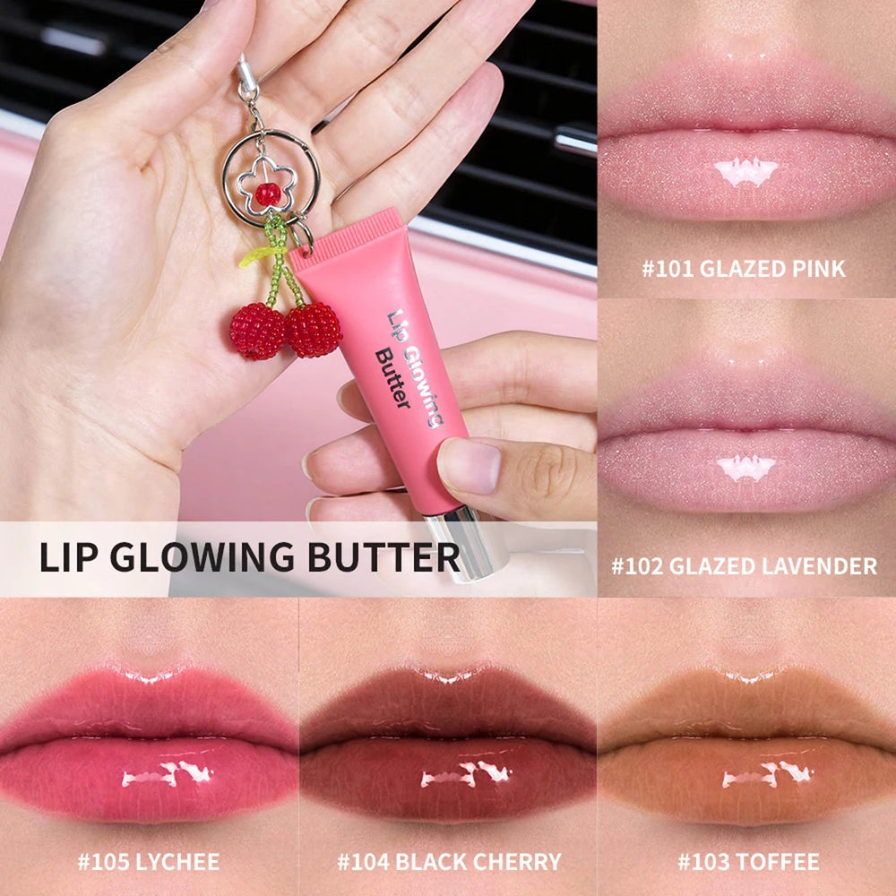 Gloss labial 2 em 1 com chaveiro, hidratante de longa duração, rosa manteiga, nutre a maquiagem, proporciona brilho e luminosidade aos lábios.