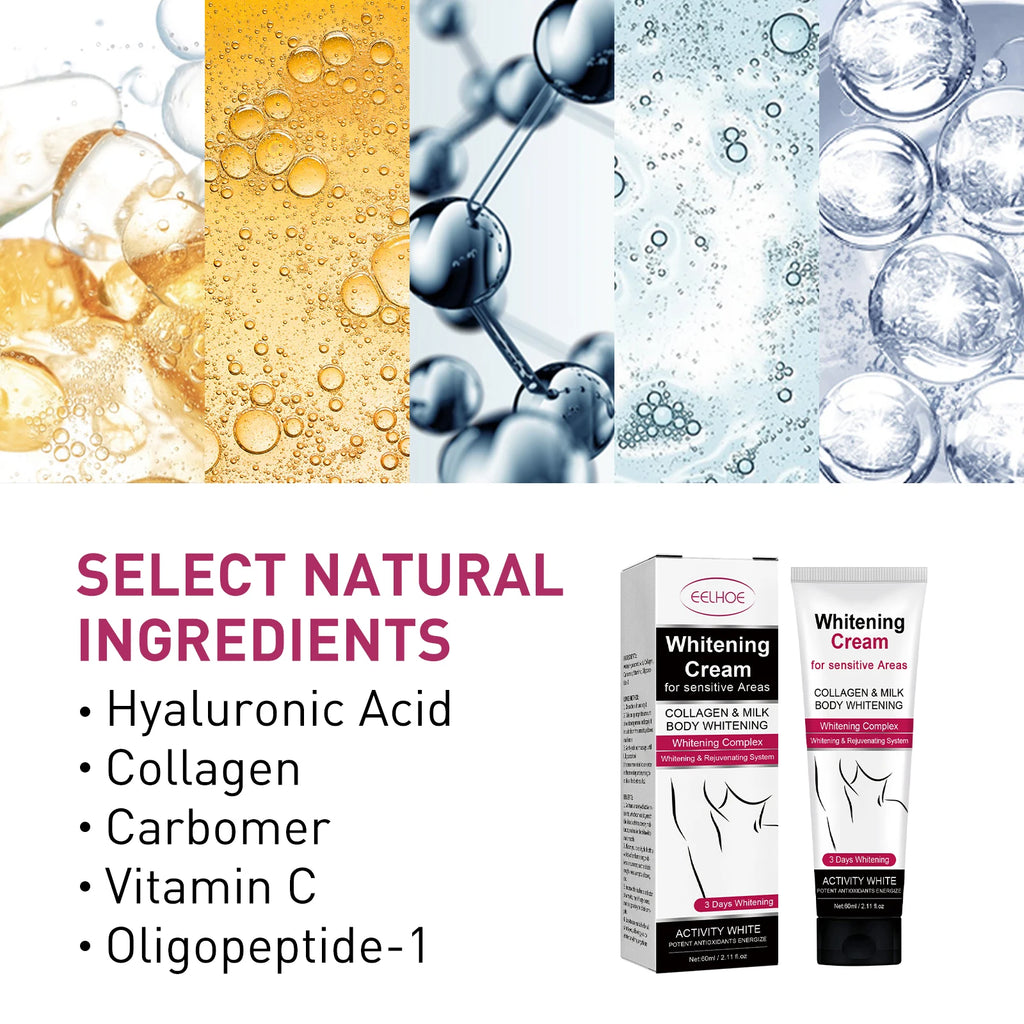 Creme clareador para pele escura nas axilas, coxas e articulações internas. Ideal para áreas sensíveis do corpo. Loção hidratante e iluminadora.