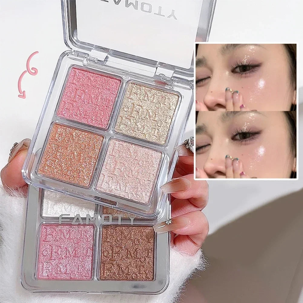 Paleta de Iluminadores Faciais com 4 Cores, Brilho Natural, À Prova D'Água, Glitter, Pó Assado, Maquiagem