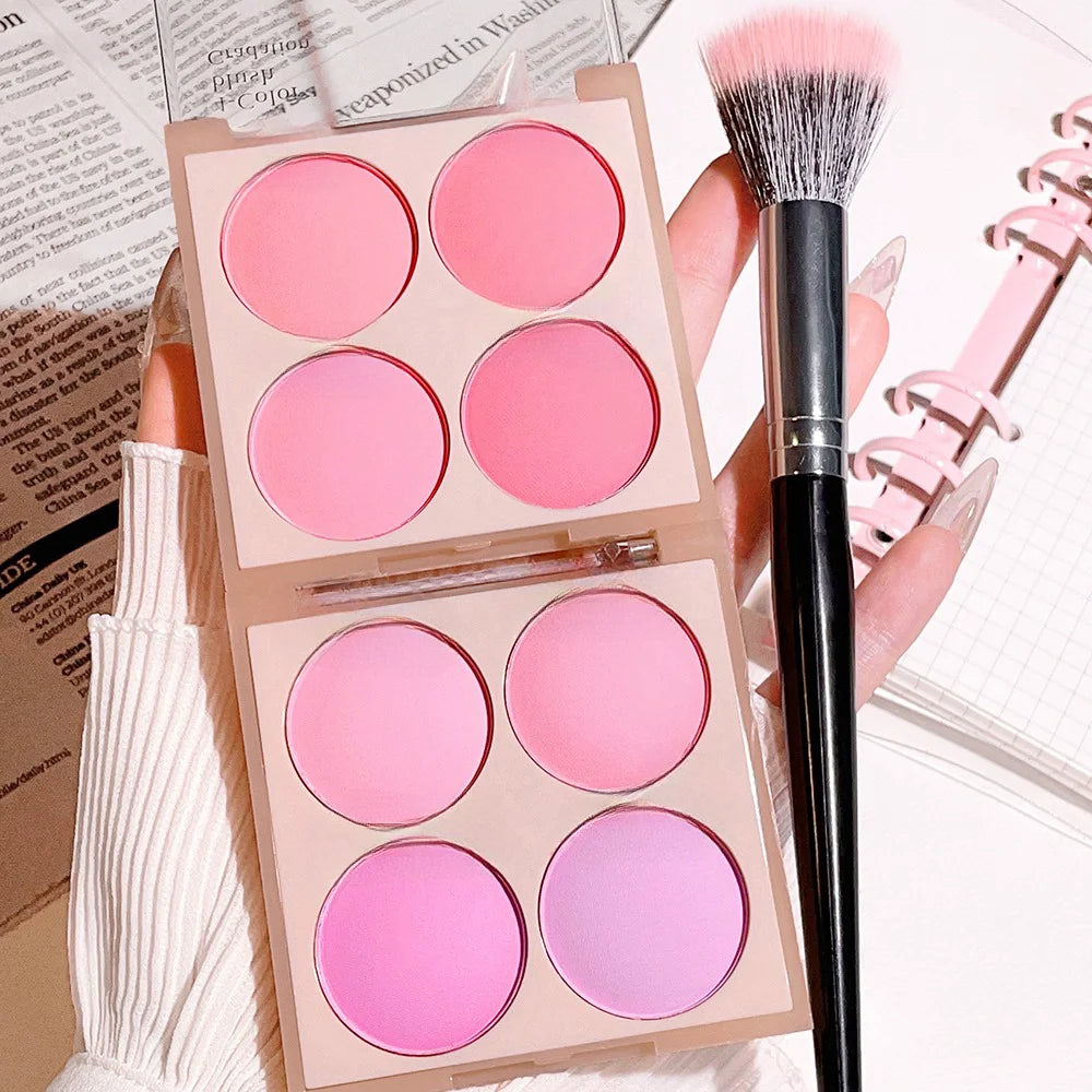 Blush matte de 4 cores, pêssego rosado, coral em pó, blush coreano de baixa saturação e textura suave, que ilumina e cria um efeito tridimensional.