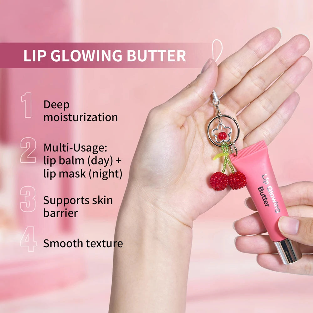 Gloss labial 2 em 1 com chaveiro, hidratante de longa duração, rosa manteiga, nutre a maquiagem, proporciona brilho e luminosidade aos lábios.