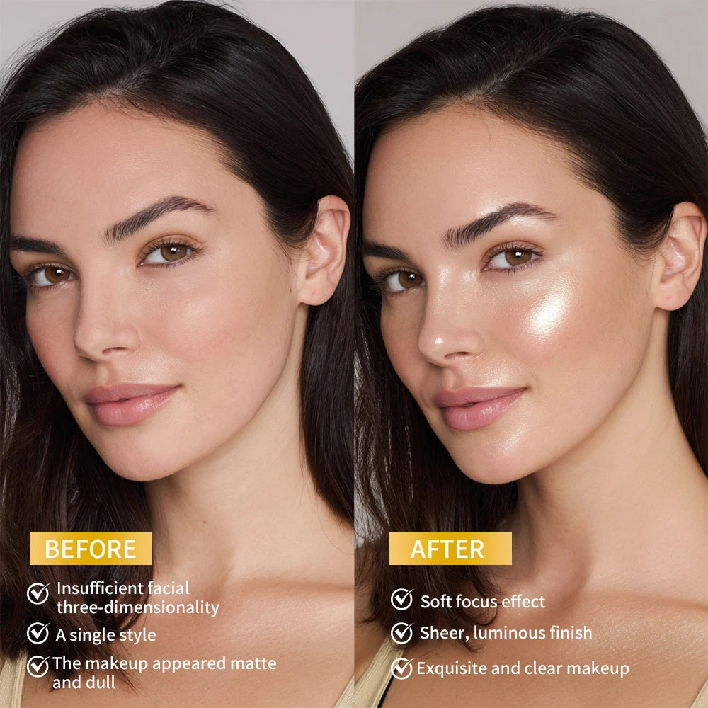 Pó iluminador facial à prova d'água de longa duração, brilho sedoso instantâneo, iluminador com efeito assado e glitter para contorno de maquiagem