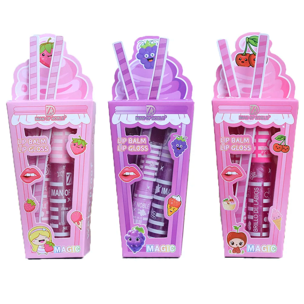Conjunto de Gloss Labial Brilhante com Design de Sorvete Fofo para Meninas e Mulheres, À Prova D'Água, Longa Duração, Hidratante e Natural. Maquiagem para os Lábios.