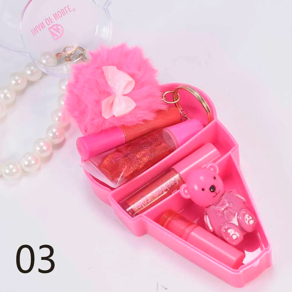 Conjunto de Gloss Labial com Chaveiro em Formato de Ursinho de Sorvete - Gloss Labial à Prova d'Água e de Longa Duração para Maquiagem Labial Feminina