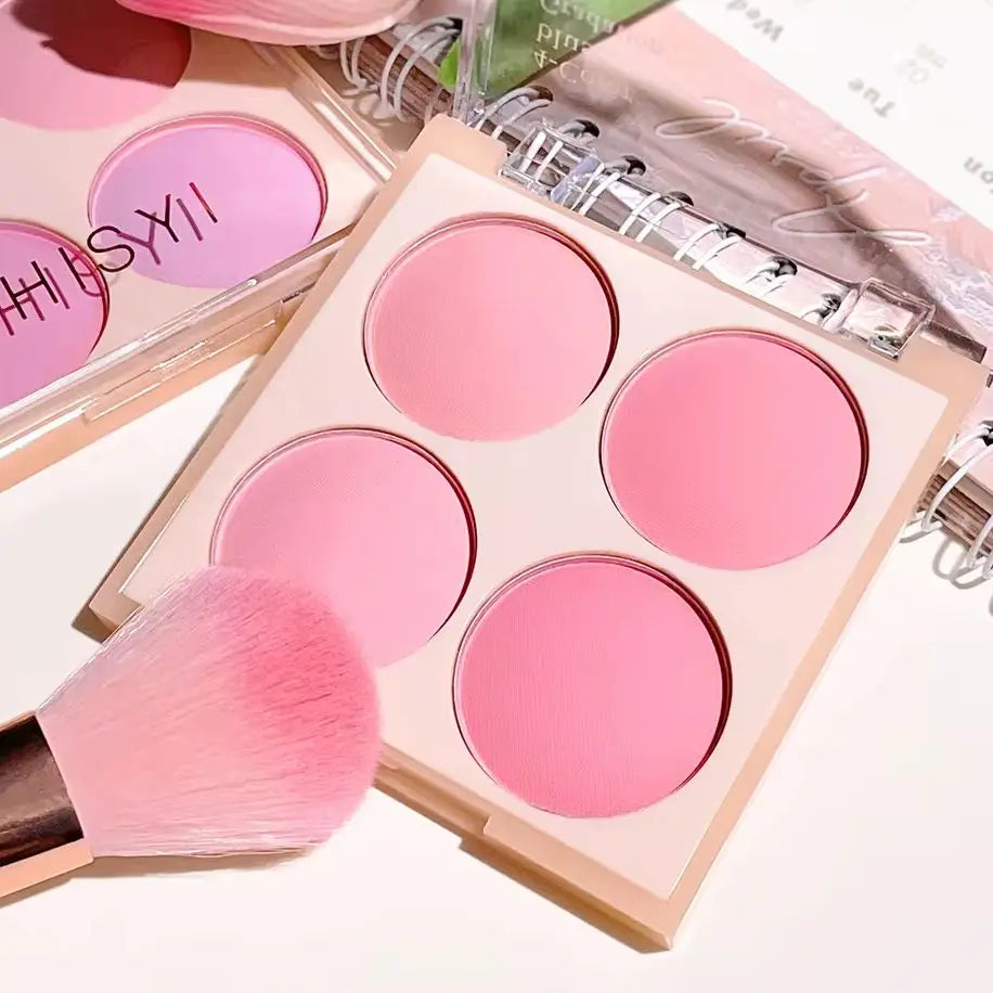 Blush matte de 4 cores, pêssego rosado, coral em pó, blush coreano de baixa saturação e textura suave, que ilumina e cria um efeito tridimensional.
