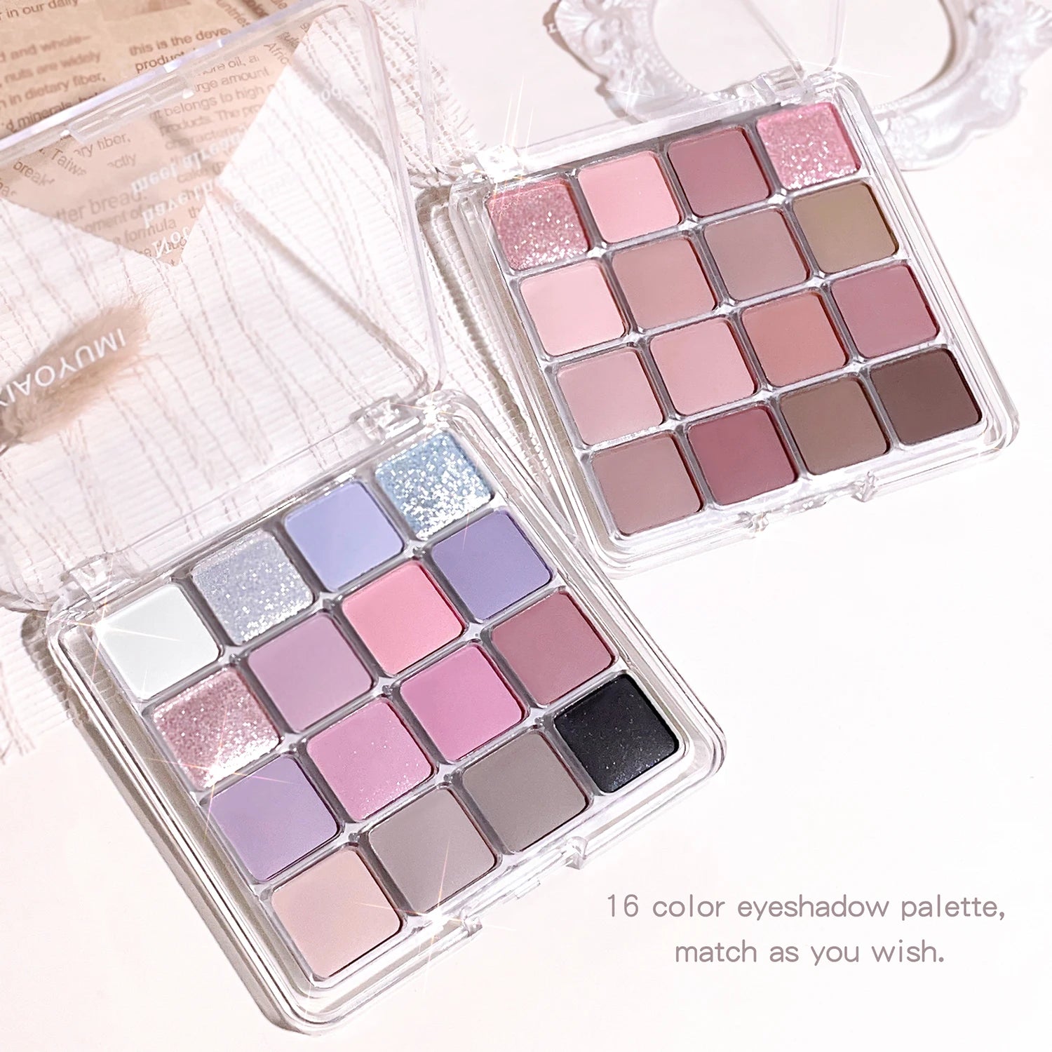 Paleta de sombras Sunset Magic Eye Shadow com dezesseis cores, acabamento perolado matte em tons terrosos, maquiagem coreana.