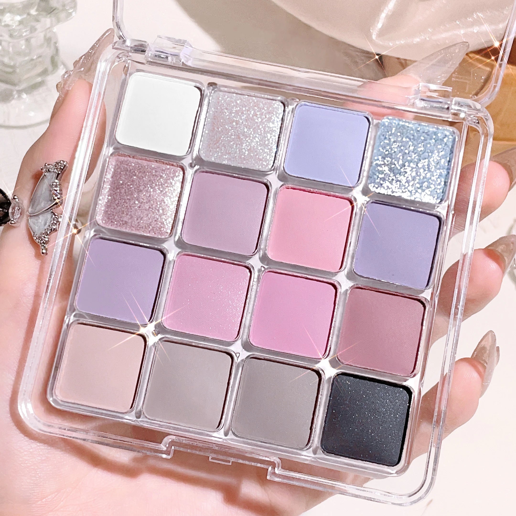 Paleta de sombras Sunset Magic Eye Shadow com dezesseis cores, acabamento perolado matte em tons terrosos, maquiagem coreana.