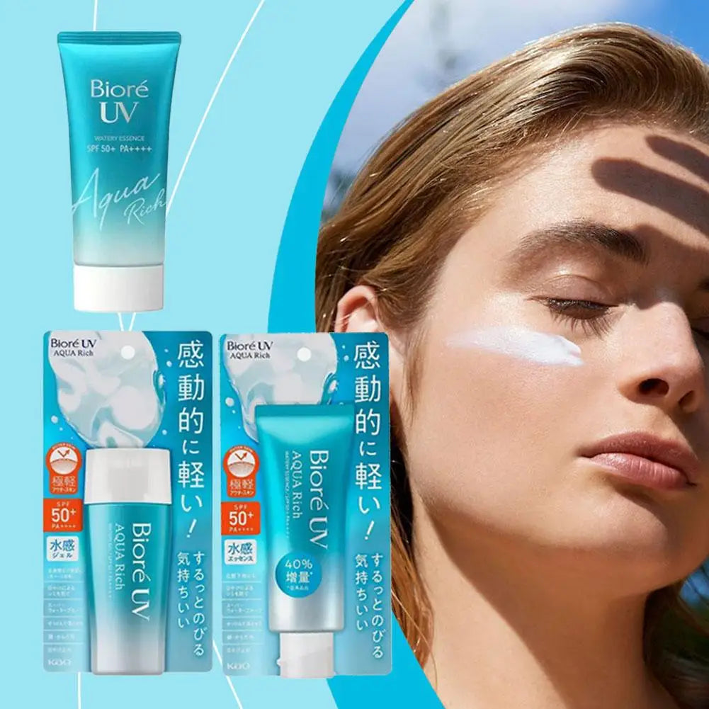 Protetor solar japonês Biore FPS 50+ para rosto e corpo, à prova d'água, anti-UV e hidratante.