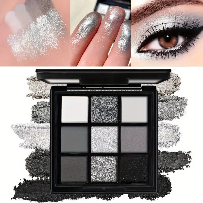 Paleta de sombras com 9 cores: Black Swan, Smoky, Dark Black, Grey Silver Glitter, acabamento matte, longa duração e fácil de aplicar.