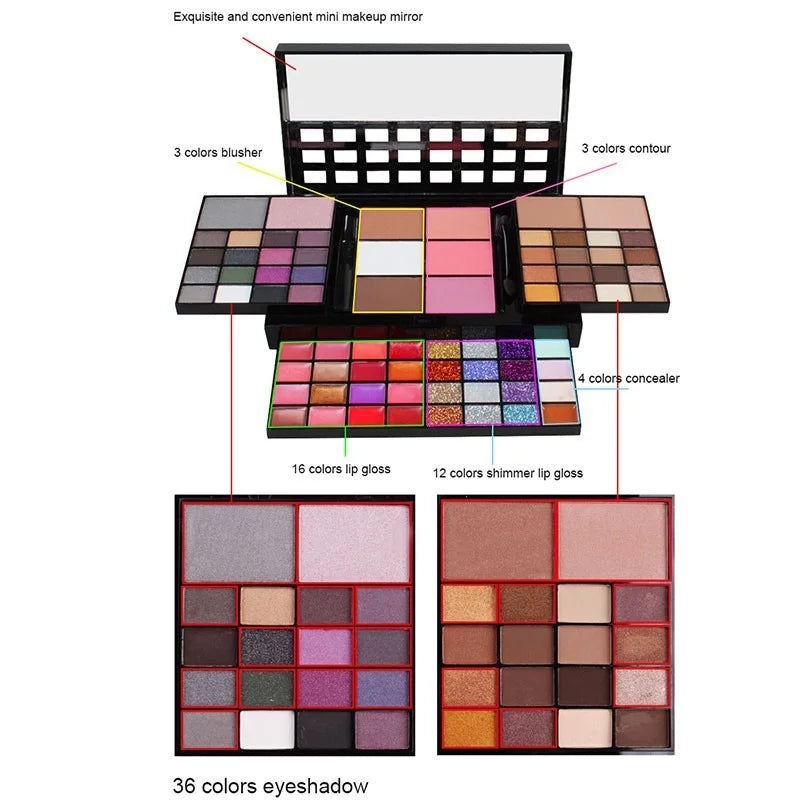 Paleta de Sombras Glitter com 40/74/78 Cores, Acabamento Matte, À Prova D'Água e Longa Duração - Kit de Maquiagem Feminina - Ferramentas para Moda