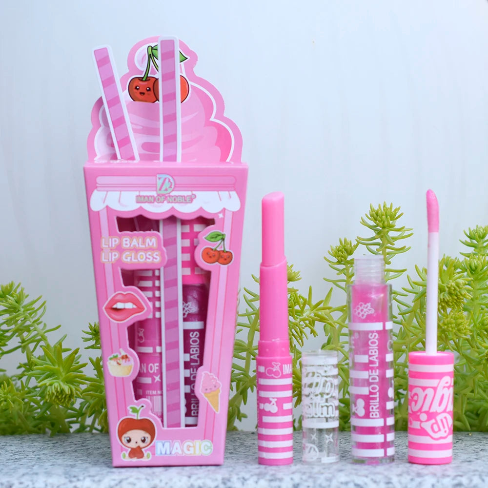 Conjunto de Gloss Labial Brilhante com Design de Sorvete Fofo para Meninas e Mulheres, À Prova D'Água, Longa Duração, Hidratante e Natural. Maquiagem para os Lábios.