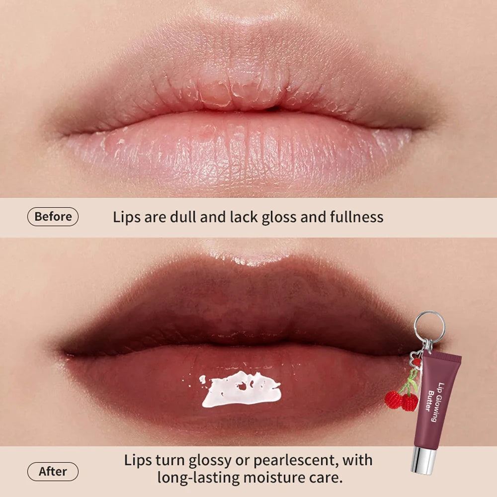 Gloss labial 2 em 1 com chaveiro, hidratante de longa duração, rosa manteiga, nutre a maquiagem, proporciona brilho e luminosidade aos lábios.