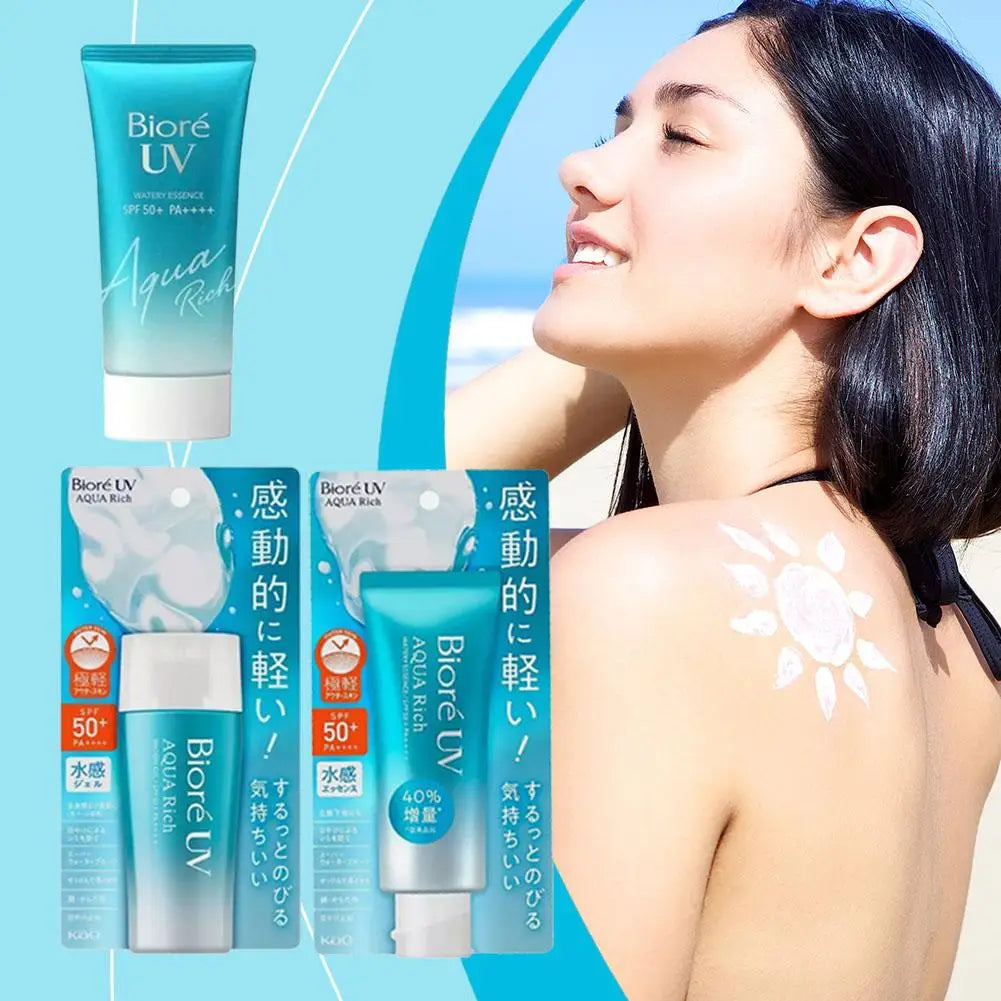 Protetor solar japonês Biore FPS 50+ para rosto e corpo, à prova d'água, anti-UV e hidratante.