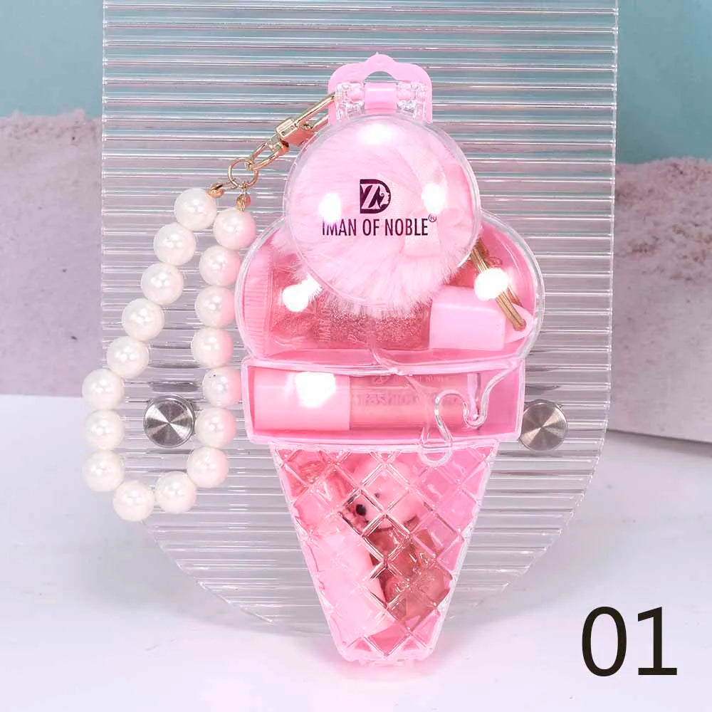Conjunto de Gloss Labial com Chaveiro em Formato de Ursinho de Sorvete - Gloss Labial à Prova d'Água e de Longa Duração para Maquiagem Labial Feminina