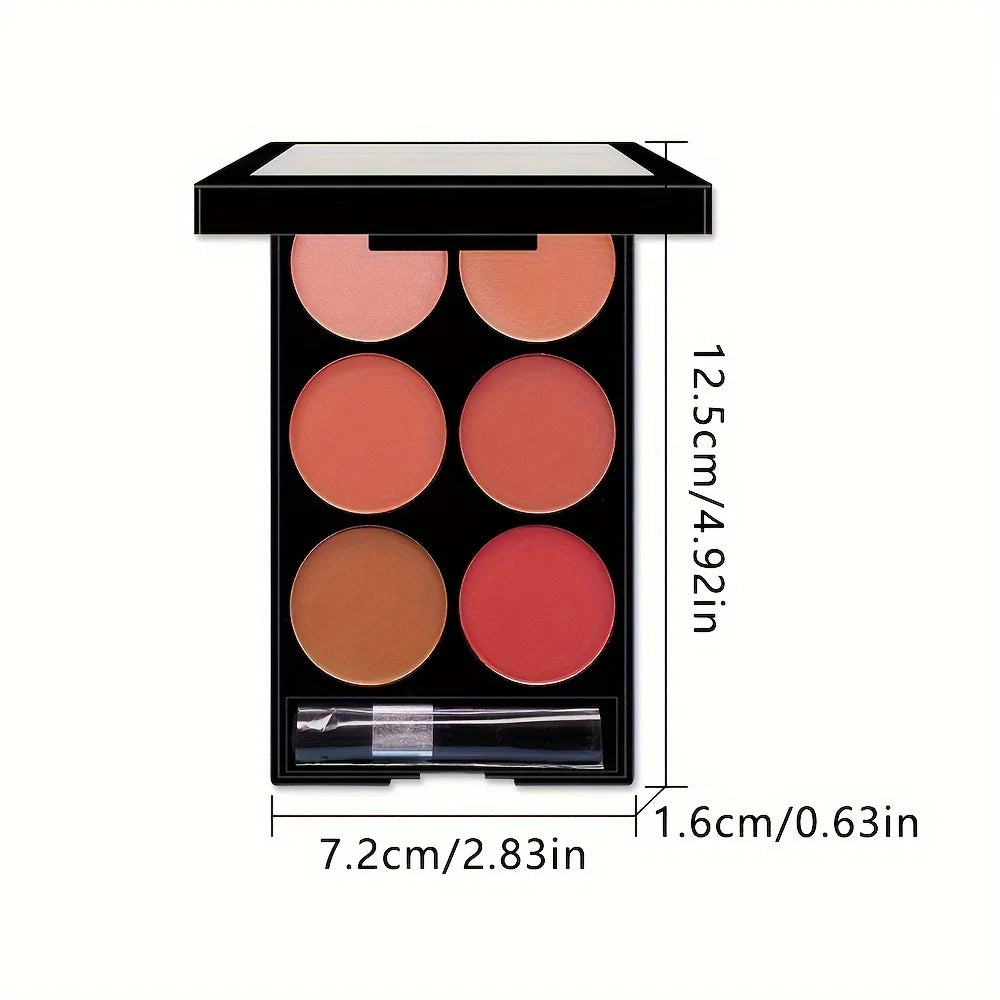 Paleta de blush e contorno tudo-em-um com 6 cores, paleta de maquiagem em pó matte perolado.