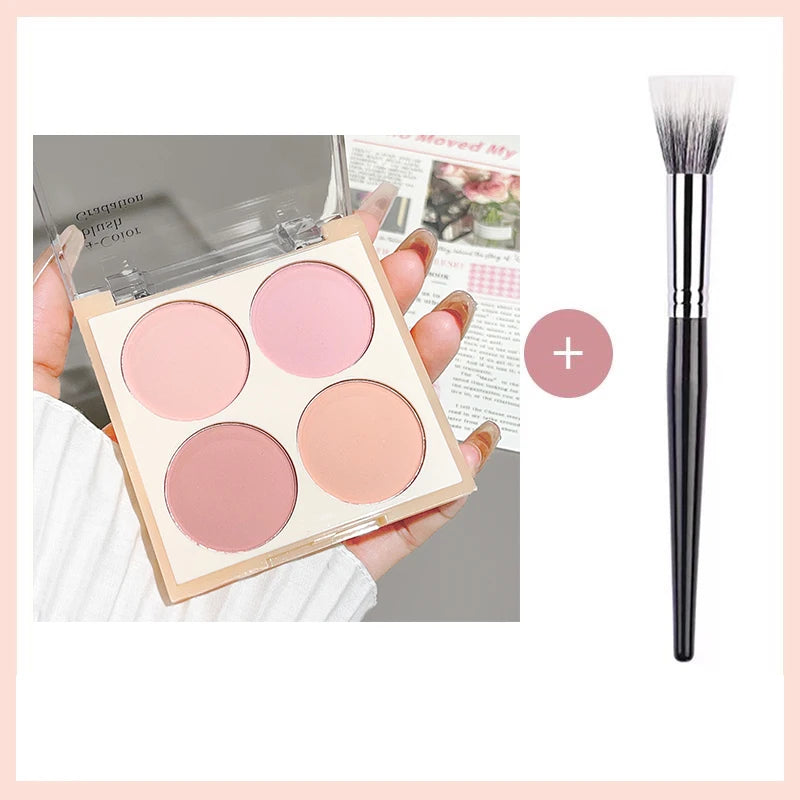 Blush matte de 4 cores, pêssego rosado, coral em pó, blush coreano de baixa saturação e textura suave, que ilumina e cria um efeito tridimensional.