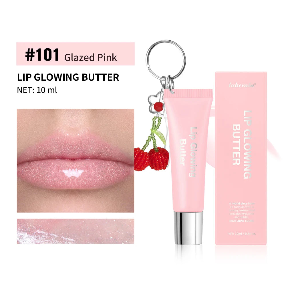 Gloss labial 2 em 1 com chaveiro, hidratante de longa duração, rosa manteiga, nutre a maquiagem, proporciona brilho e luminosidade aos lábios.