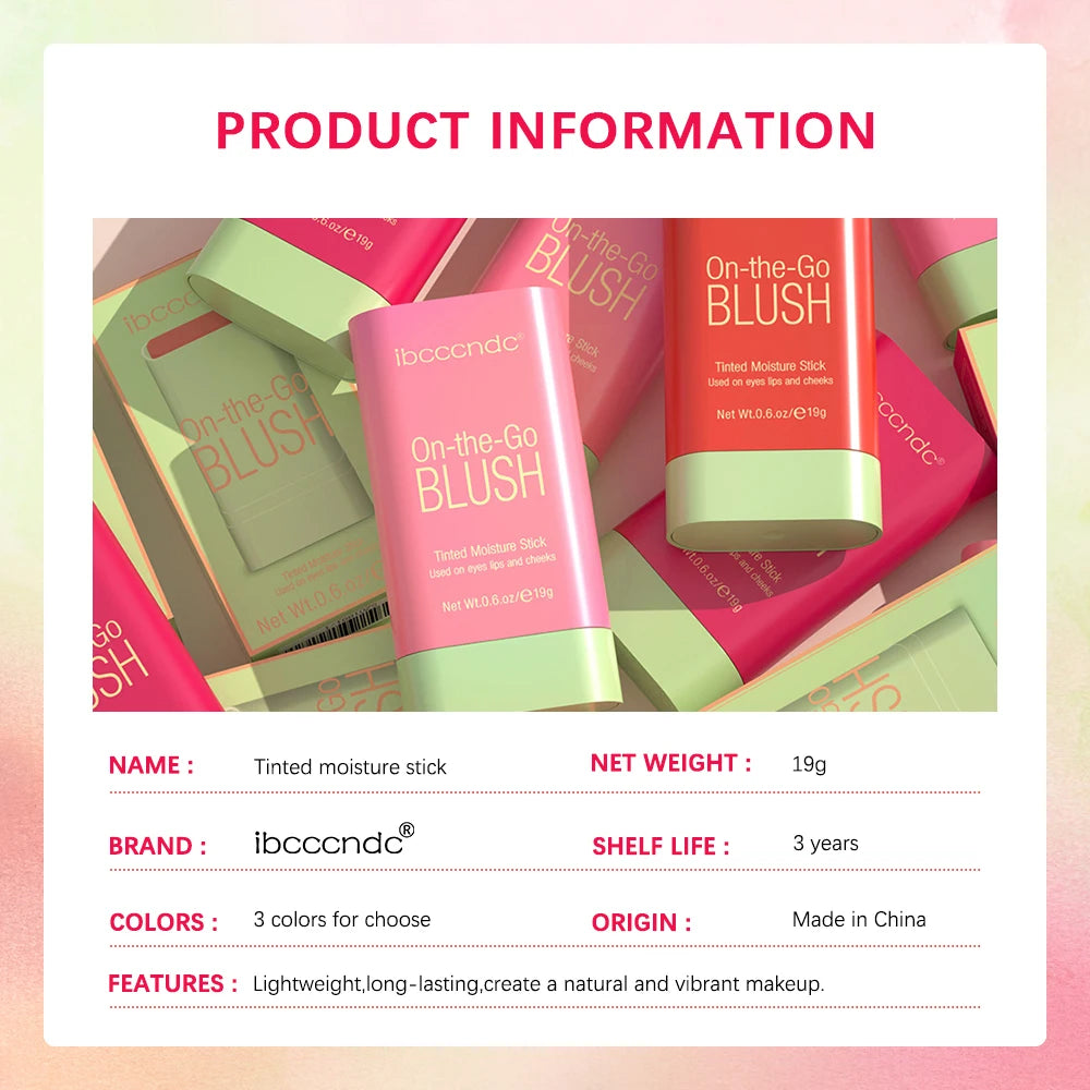 Blush em Bastão Funcional de Maquiagem, Fácil de Aplicar, Blush Cremoso à Prova d'Água, Alta Pigmentação, Ilumina o Tom da Pele