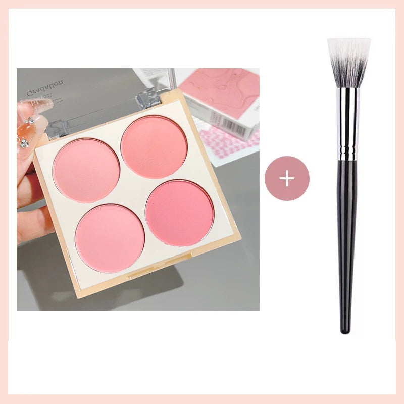 Blush matte de 4 cores, pêssego rosado, coral em pó, blush coreano de baixa saturação e textura suave, que ilumina e cria um efeito tridimensional.
