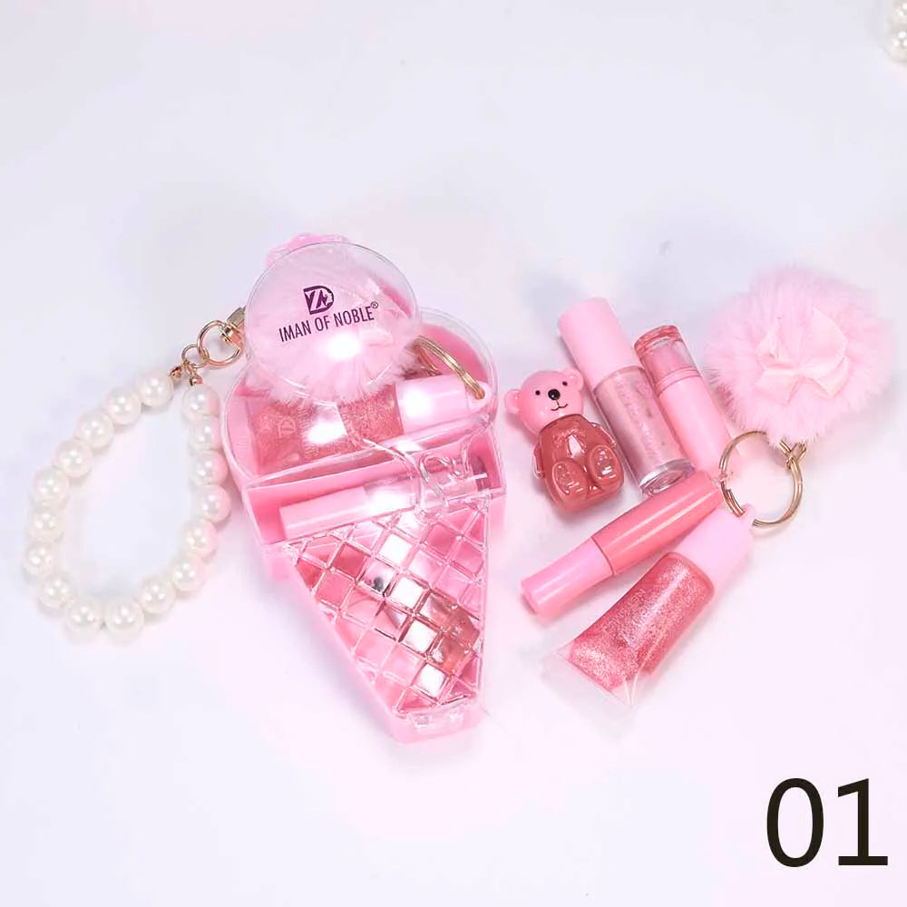 Conjunto de Gloss Labial com Chaveiro em Formato de Ursinho de Sorvete - Gloss Labial à Prova d'Água e de Longa Duração para Maquiagem Labial Feminina