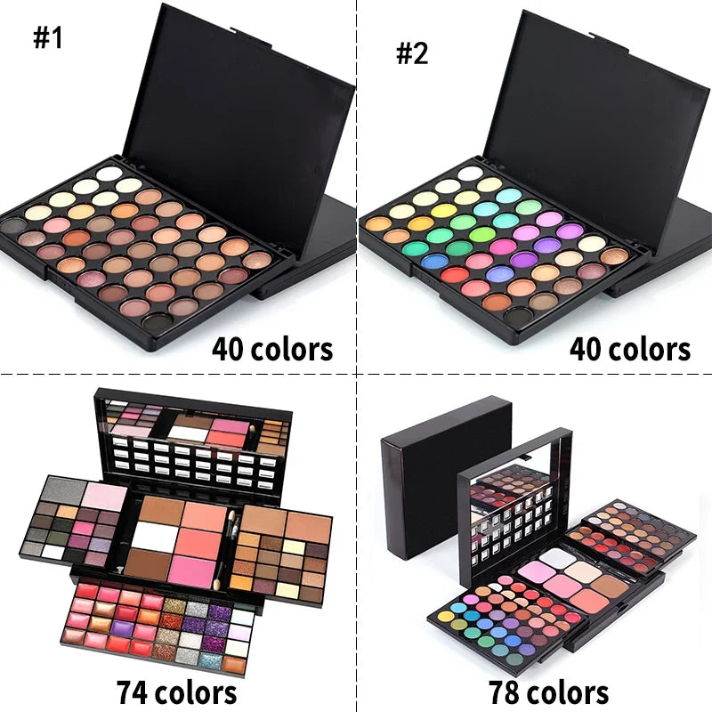 Paleta de Sombras Glitter com 40/74/78 Cores, Acabamento Matte, À Prova D'Água e Longa Duração - Kit de Maquiagem Feminina - Ferramentas para Moda